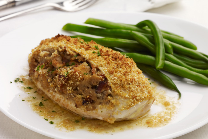 Deviled Chicken Breasts With Mushroom and Bacon Dressing