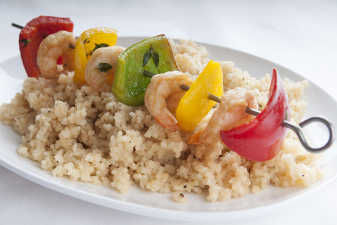 shrimp kebob on couscous