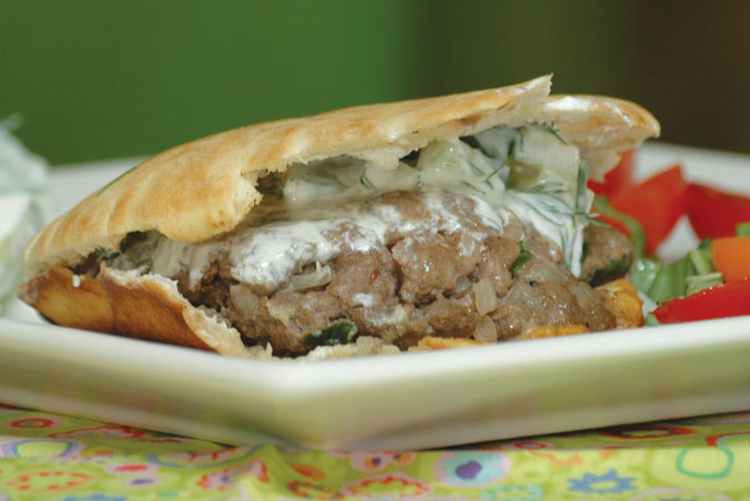 Spicy Beef Stuffed Pitas with Cucumber Sour Cream Sauce