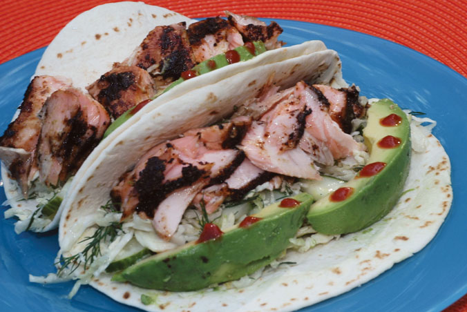 Roasted Salmon Tacos with Cucumber Sour Cream Sauce